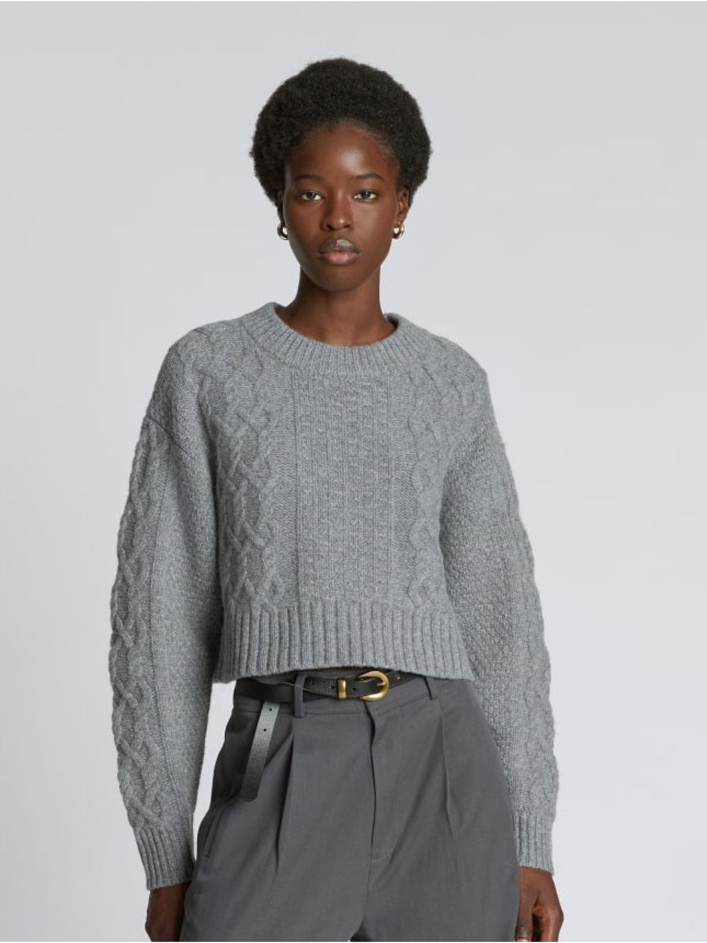 Everlane Felted Merino Cropped Cable Sweater Grey Size MEDIUM